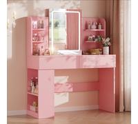 Airfish Coiffeuse avec Miroir LED, Lumière Réglable, Espace de Rangement Généreux, Table de Maquillage avec 4 Étagères, 2 Tiroirs et Rangement Latéral, 108x40x136cm, Style Moderne (Rose)