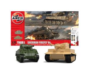 Airfix Model Tank - A50186 Classic Conflict Tiger 1 vs Sherman Firefly, kits de modèles en plastique pour adultes et enfants de 14 ans et plus, échelle 1:72, niveau de compétence 1, modèles militaires