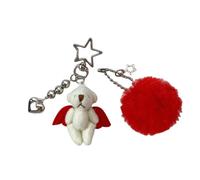 AIRHSKWI Breloque en forme d'ours à suspendre avec pompons - Joli pendentif animal - Porte-clés tendance en peluche fait main pour enfants, tissu/plume