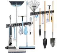 Airminti Accroche Balai Mural, Porte Balais Mural 2 Pièces avec 5 Emplacements et 4 Crochets, Support Balais Mural Amovible Acier Inoxydable, Porte Balais Mural sans Percage Pour Jardin (2, Gris)