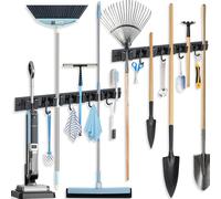 Airminti Accroche Balai Mural, Porte Balais Mural 2 Pièces avec 5 Emplacements et 4 Crochets, Support Balais Mural Amovible Acier Inoxydable, Porte Balais Mural sans Percage Pour Jardin (2, black)