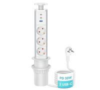 Airmom Bloc Multiprise Encastrable 3 Prises avec PD 30W USB C, 3 Prise Escamotable Plan de Travail Blanc, 1,8 m Câble, Ø 60mm