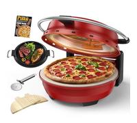 AIRMSEN Four à pizza électrique 2-en-1 - 1500W, jusqu’à 400°C, pour cuire des pizzas et griller, avec fenêtre en verre, deux thermostat, inclus pierre à pizza, plaque & livre de recettes