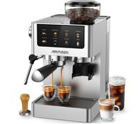 AIRMSEN Machine à Café avec Broyeur - Machine à Café Expresso avec Mousseur à Lait, 20 Bars Inox, Cappuccino, Latte, Café Glacé