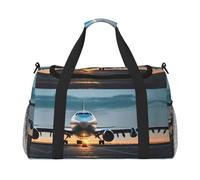 Airplane in The Evening Light Sac de voyage avec fermetures éclair et poignées, grand sac de sport pliable pour vacances en famille, Noir , Taille unique
