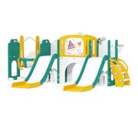 AIRPLAY Toboggan 9 en 1 pour enfant avec panier de basket, 2 toboggans, cadre d'escalade, balançoire, tunnel, télescope, planche à tracer, motif grenouille et boîte de rangement, etc. Pour l'intérieur