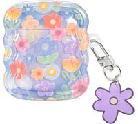 Airpods Case 2 Generation for Girls Women, Cute Flower Wave Pattern Frame Case Airpods 1 Soft TPU Shockproof Full Protection Cover with Keychain for Airpods 1/2 Charging Case