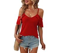 Airshi Chemise à Manches Courtes avec Bretelles Spaghetti Haut à épaules Dénudées Rouge Tendance Décontracté Élégant pour Une Soirée (XL)