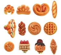 Airssory Lot de 12 épingles en résine 3D pour nourriture sur le thème de la nourriture, croissant, pain français, gâteau, sac à dos, vêtements, 12 styles