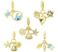 Airssory Lot de 5 breloques européennes dorées sur le thème de l'océan, 5 styles, animaux marins, voiliers, grands trous pour bricolage, bijoux, bracelet, collier, boucles d'oreilles, sac, porte-clés