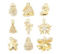 Airssory Lot de 9 breloques en laiton et oxyde de zirconium sur le thème de Noël, cloche, arbre de Noël, flocon de neige, chaussettes en pain d'épices pour fabrication de bijoux, bracelets, colliers