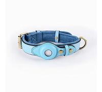 AirTag Collier en cuir avec support Apple Air Tag - Collier réglable avec boucle en métal pour suivre la promenade - Pour chiens et chats de petite et moyenne taille (bleu, taille S, 24 à 32 cm)