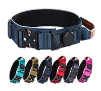 AirTag Collier militaire tactique pour chien avec support AirTag, poignée confortable en cuir et boucle en métal, réfléchissant, rembourré, robuste pour chiens de taille moyenne (bleu foncé, taille M)