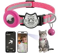 AirTag & QR Code Collier réfléchissant pour chat - Léger de 1 cm de large avec support Apple AirTag et clochette pour chatons filles et garçons (bande réfléchissante-rose rouge)