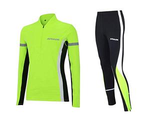 Airtracks Ensemble de course fonctionnel d'hiver pour femme - Pantalon de course thermique long + t-shirt de course thermique à manches longues - Chaud - Respirant - Réflecteurs, fluo, S