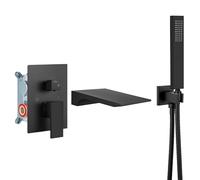 Airuida Robinet de baignoire mural avec bec cascade - Robinet de baignoire mural avec douche à main - Robinet de douche à poignée unique avec valve rugueuse - Bec droit - Noir mat