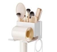 AIRUJIA Porte Seche Cheveux Mural avec Panier De Rangement, Organisateur pour Accessoires De Coiffure dans La Salle De Bain, Support Seche Cheveux pour Coiffeuse, Blanc