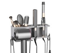 AIRUJIA Support Seche Cheveux Mural avec Panier De Rangement, Support De Lisseur avec Range-Câbles, Support De Rangement Multifonctionnel pour Salle De Bain Et Salon De Coiffure, Gris