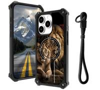 AIRWEE Coque pour iPhone 15 Pro Max 5G avec béquille cachée et dragonne, compatible avec support magnétique de voiture, coque robuste de qualité militaire pour iPhone 15 Pro Max 6,7", amour du lion