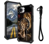 AIRWEE Coque pour iPhone 16e 5G avec béquille dissimulée et dragonne, support magnétique de voiture, robuste de qualité militaire, pour iPhone 16e 6,1", amour du lion