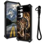 AIRWEE Coque pour Samsung Galaxy S24 Ultra avec béquille dissimulée et dragonne, support magnétique de voiture, robuste de qualité militaire, pour Galaxy S24 Ultra 5G 6,8", amour du lion