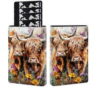 AIRWEE Porte-cartes de crédit en cuir synthétique à trois volets, avec blocage RFID et fermeture magnétique, poche fine pour cartes de crédit pour homme et femme, A5, Deux vaches Highland