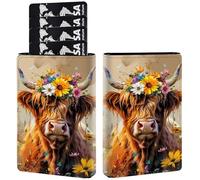 AIRWEE Porte-cartes de crédit en cuir synthétique à trois volets avec fente pour cartes, blocage RFID et fermeture magnétique, poche fine pour homme et femme, A7, Fleurs de vaches mignonnes