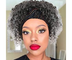 Aisaide Perruques pour femme noire, 2 en 1 gris ombré, perruques bou s avec bandeau attaché, cheveux synthétiques bouclés gris, perruque complète avec écharpe, perruque courte, bou grise