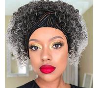 Aisaide Perruques pour femme noire, 2 en 1 gris ombré, perruques bouclées avec bandeau attaché, cheveux synthétiques bouclés gris, perruque complète avec écharpe, perruque courte, bouclée, grise