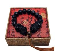Aisamco Bracelet en obsidienne noire, bracelet Feng Shui, avec Pixiu et pierre d’œil de tigre, attirer la chance, bracelet cadeau pour les femmes et les hommes