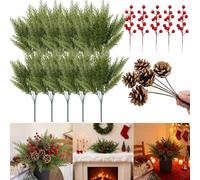 Aisamco Branches de tiges de pin de Noël artificielles pour vases, 10 Branches de Faux pin avec 5 tiges de Pommes et 5 tiges de Baies Rouges pour l’Artisanat de Bricolage, décoration de Table