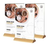 Aisamco Lot de 3 supports de panneau en acrylique A5 en forme de T en acrylique transparent avec cadre double face en bois Base de table Menu Affichage Stand Flyer Bureau
