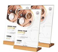 Aisamco Lot de 3 supports de panneau en acrylique A5 Slant Back Design L Forme Cadre en acrylique transparent Base en bois, menu de table Affichage Stand Flyer Display pour écran de bureau