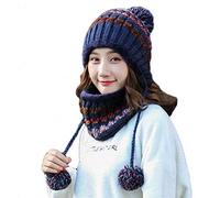 Aisaving Femmes Tricoté Chapeau Écharpe Ensemble Hiver Chaud Épaissir Crochet Bobble Pom Pom Beanie Chapeau Bonnet en Plein Air Ski Snowboard Cycle Bobble Hemming Chapeaux (Marine)