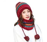 Aisaving Femmes Tricoté Chapeau Écharpe Ensemble Hiver Chaud Épaissir Crochet Bobble Pom Pom Beanie Chapeau Bonnet en Plein Air Ski Snowboard Cycle Bobble Hemming Chapeaux (Rouge)