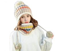 Aisaving Femmes Tricoté Chapeau Écharpe Ensemble Hiver Chaud Épaissir Crochet Bobble Pom Pom Beanie Chapeau Bonnet En Plein Air Ski Snowboard Cycle Bobble Hemming Chapeaux (Beige)