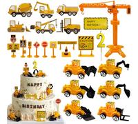 Aischens 24 Pièces Décoration Gâteau Excavatrice Véhicule de Construction Enfant 2 Ans, Décoration de Gâteau d'Anniversaire Chantier de Construction Pelleteuse, Cake Cupcake Toppers Véhicules Chantier