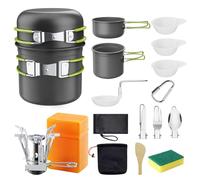 Aischens Kit de Casseroles et Poëles Camping Portable, Set Ustensiles de Cuisine de Camping en Aluminium, avec Couverts Pliables, Mini Réchaud de Camping Portable pour Camping, Randonnée, BBQ