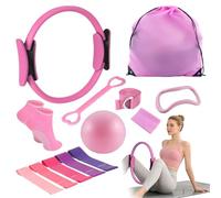 Aischens Pilates Ring Set - 13 Pièces, Anneau de Pilates, Ballon de Yoga, Bandes de Résistance y Accessoires, Kit Pilates pour Maison, Kits de Yoga Pilates, Cercle Magique de Fitness Femmes (Rose)