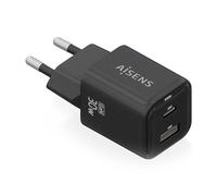Aisens Chargeur secteur GaN ASCH-30W2P021-BK - 30W, 1x USB-C PD3.0 QC4.0, 1x USB-A QC3.0 - Noir