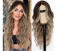 AISI HAIR Perruque synthétique longue ondulée pour femme, avec dentelle et raie au milieu pour les fêtes, le quotidien, 66 cm, blond sale ombré