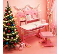 Aislerbee Ensemble de bureau pour enfant avec chaise réglable en hauteur, bureau d'apprentissage avec dossier château, surface de travail élargie, support de livre et tiroir de rangement pour chambre