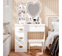 Aislerbee Grande Coiffeuse avec Miroir et Tabouret Bureau Coiffeuse 6 Tiroirs avec Poignées Bois Et Étagères, Meuble Maquillage pour Femme (E)