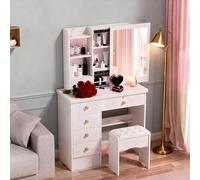 Aislerbee Grande Coiffeuse avec Miroir et Tabouret Bureau Coiffeuse 6 Tiroirs avec Poignées Bois Et Étagères, Meuble Maquillage pour Femme (A)