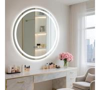 Aislerbee Miroir Salle de Bain Rond LED 60 cm - Anti-Buée, Interrupteur Tactile, Affichage Heure et Température - Miroir Mural Lumineux en Verre Trempé pour Maquillage et Vasque