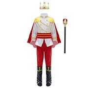 Aislor 7Pcs Costume De Prince Enfant Garçons Déguisement Prince Roi Médiéval Carnaval Garçon Ensemble Haut Pantalon Cape Bandeau Matraque Couvre-Chaussures Cosplay Blanc Rouge 7-8 Ans