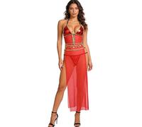 Aislor Adulte Ourlet Évasé Vêtement De Nuit Chemise De Nuit 2 Pcs Set Robe Danse Du Ventre Avec Thong Robe Sous Vêtement Féminine Célibataire Rouge S