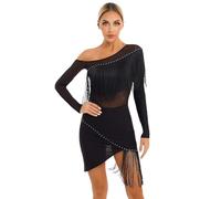 Aislor Asymétrique Robe Danse Latine Femme Justaucorps Danse Salsa Rumba Jazz Tango Patinage Robe Femme Cocktail Soirée Manche Longue Ballroom Dancewear B-Noir L