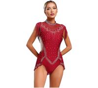 Aislor Body à Strass Franges Femme Combinison Gymnastique Rythmique Justaucorps Danse Latin Moderne Spectacle Rouge XL