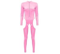 Aislor Body Stocking Femme Combinaison Body Catsuit Simili Cuir Verni Ouvert Entrejambe Wetlook Jumpsuit Bodycon Zip Sous-vêtement Costume Clubwear Type C Rose M